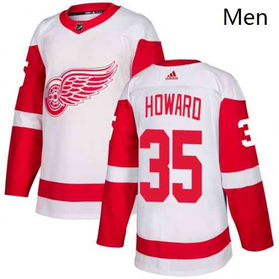 Mens Adidas Detroit Red Wings 35 Jimmy Howard Authentic White Away NHL Jersey